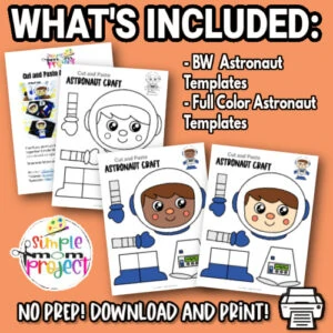 Are you looking for a preschool, toddler, or kindergarten astronaut template cut out? This simple and cute astronaut activity is the perfect addition to your space, solar system, and planet unit studies! They also work great for a fun astronaut theme party! Grab your printable astronaut templates today!