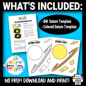 Do your kids love coloring and learning facts about our solar system? Then, they will love our printable planet Saturn outer space craft. It is perfect for kids of all ages including preschool, kindergarten, and toddler kids. It also works great on a poster for the next science fair! Grab the planet Saturn cut and paste template today!