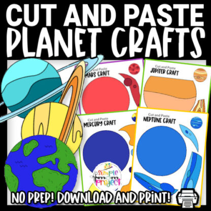 Do you kids love creative play as astronauts in a rocket spaceship to the moon? If so, your kids will love these super fun space activity fully colored cut and paste planet crafts! These printable full colored solar system planet crafts are perfect diy paper crafts for kindergarten, preschool and toddler age kids! Click to download and print these awesome outer space, solar system, and planet crafts!