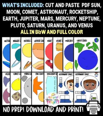 Do you kids love creative play as astronauts in a rocket spaceship to the moon? If so, your kids will love these super fun space activity cut and paste planet crafts! These printable solar system planet crafts are perfect diy paper crafts for kindergarten, preschool and toddler age kids! Click to download and print these awesome out of this world space crafts!