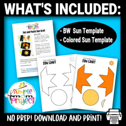 Are you looking for a fun sun craft? This summer sun craft is great for preschool, toddler and kindergarten kids. You can teach many different things like the color yellow, the letter S, or about the weather. This sun craft template is perfect for any sun craft. Print your sun cut and paste craft template today!