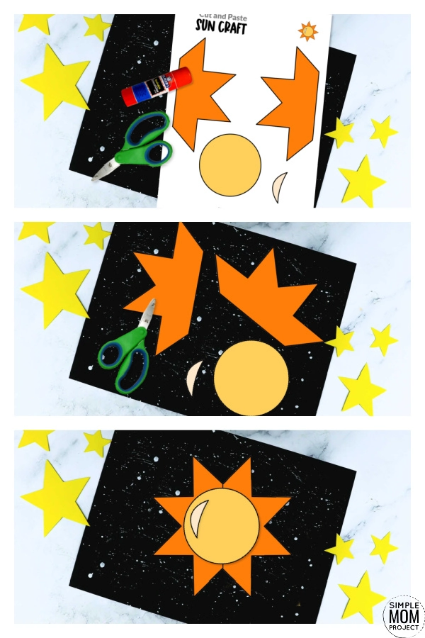 Are you looking for a fun sun craft? This summer sun craft is great for preschool, toddler and kindergarten kids. You can teach many different things like the color yellow, the letter S, or about the weather. This sun craft template is perfect for any sun craft. Print your sun cut and paste craft template today!