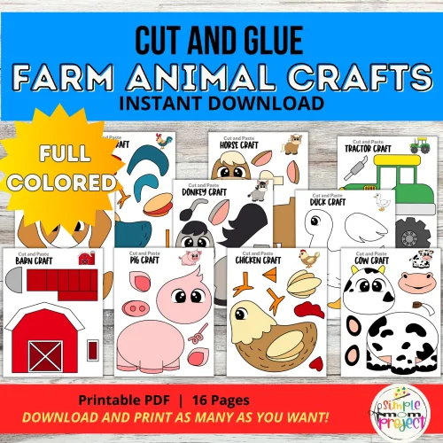 Farm Animal Crafts – 15 Full-Color Printable Cut & Paste Templates for Kids
