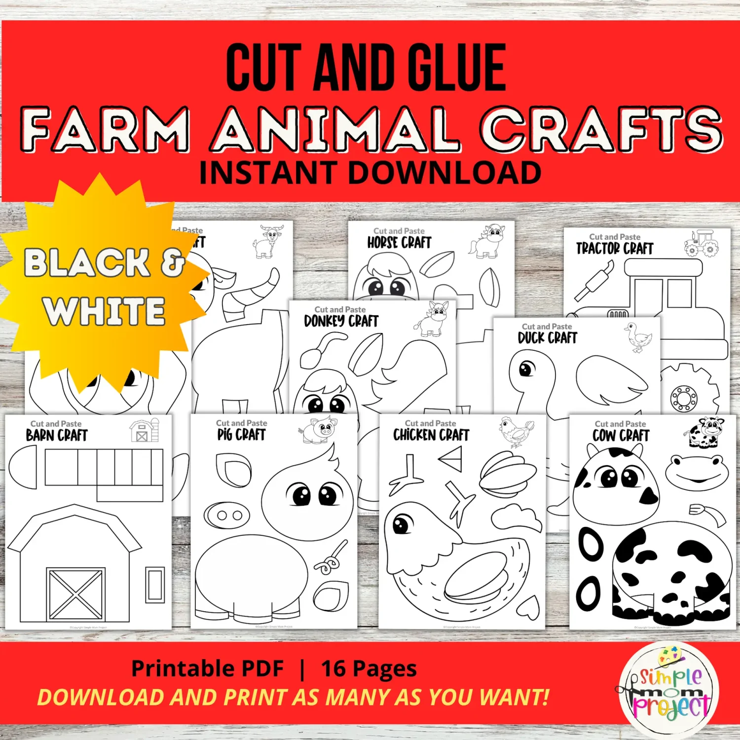 Farm Animal Crafts – 15 Black & White Printable Cut & Paste Templates for Kids
