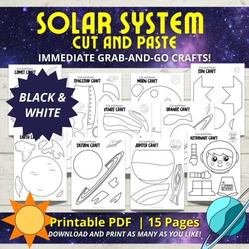 Planet & Space Crafts – 14 Black & White Printable Cut & Paste Templates for Kids