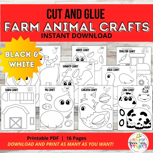 Farm Animal Crafts – 15 Black & White Printable Cut & Paste Templates for Kids