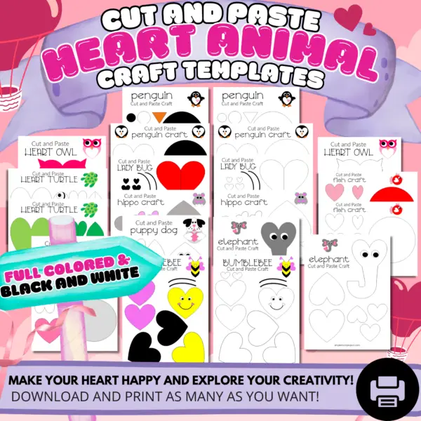 I am thrilled to share a charming collection of black and white AND full colored heart-themed animals for quality coloring and crafting time with your children. This ultimate collection of heart animals are ideal for creating cherished memories, featuring simple designs accessible for toddlers and preschoolers, while still engaging for older kids! Print your heart animal template bundle today!