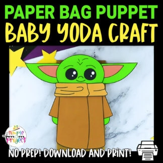 Click and grab this easy and printable Baby Yoda template to make a fun Star Wars theme paper bag puppet! This toddler and preschool craft can help your little Star Wars fan put on their very own paper bag Yoda puppet show! Download your own Baby Yoda paper bag puppet template now!