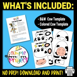 Are you looking for an easy and printable paper bag cow template? This cow paper bag or hand puppet is great to teach about farm animals or put on a farm theme party in your classroom! Preschool, toddler and kindergarten age kids absolutely love puppets! Print your cow template and grab a brown bag and you are on your way to having a blast with your little ones!