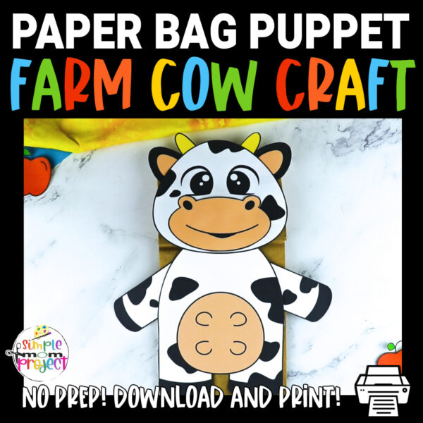 Are you looking for an easy and printable paper bag cow template? This cow paper bag or hand puppet is great to teach about farm animals or put on a farm theme party in your classroom! Preschool, toddler and kindergarten age kids absolutely love puppets! Print your cow template and grab a brown bag and you are on your way to having a blast with your little ones!