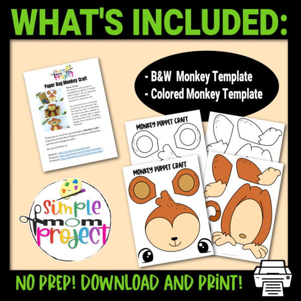 Click and grab this easy and printable monkey template to make a fun paper bag puppet! This toddler and preschool craft can help your little animal fan put on their very own paper bag monkey puppet show! Download your own monkey paper bag puppet template now!