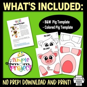 Are you looking for fun activities to go along with your story time of The Three Little Pigs? Print off as many copies as you would like of our printable paper bag pig puppet! Your preschool, kindergarten, or toddler age kids will absolutely love using their imagination to make these pig puppets come to life.