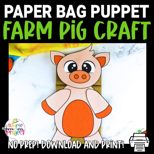 Are you looking for fun activities to go along with your story time of The Three Little Pigs? Print off as many copies as you would like of our printable paper bag pig puppet! Your preschool, kindergarten, or toddler age kids will absolutely love using their imagination to make these pig puppets come to life.