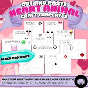 I am thrilled to share a charming collection of black and white heart-themed animals for quality coloring and crafting time with your children. This collection is ideal for creating cherished memories, featuring simple designs accessible for toddlers and preschoolers, while still engaging for older kids.