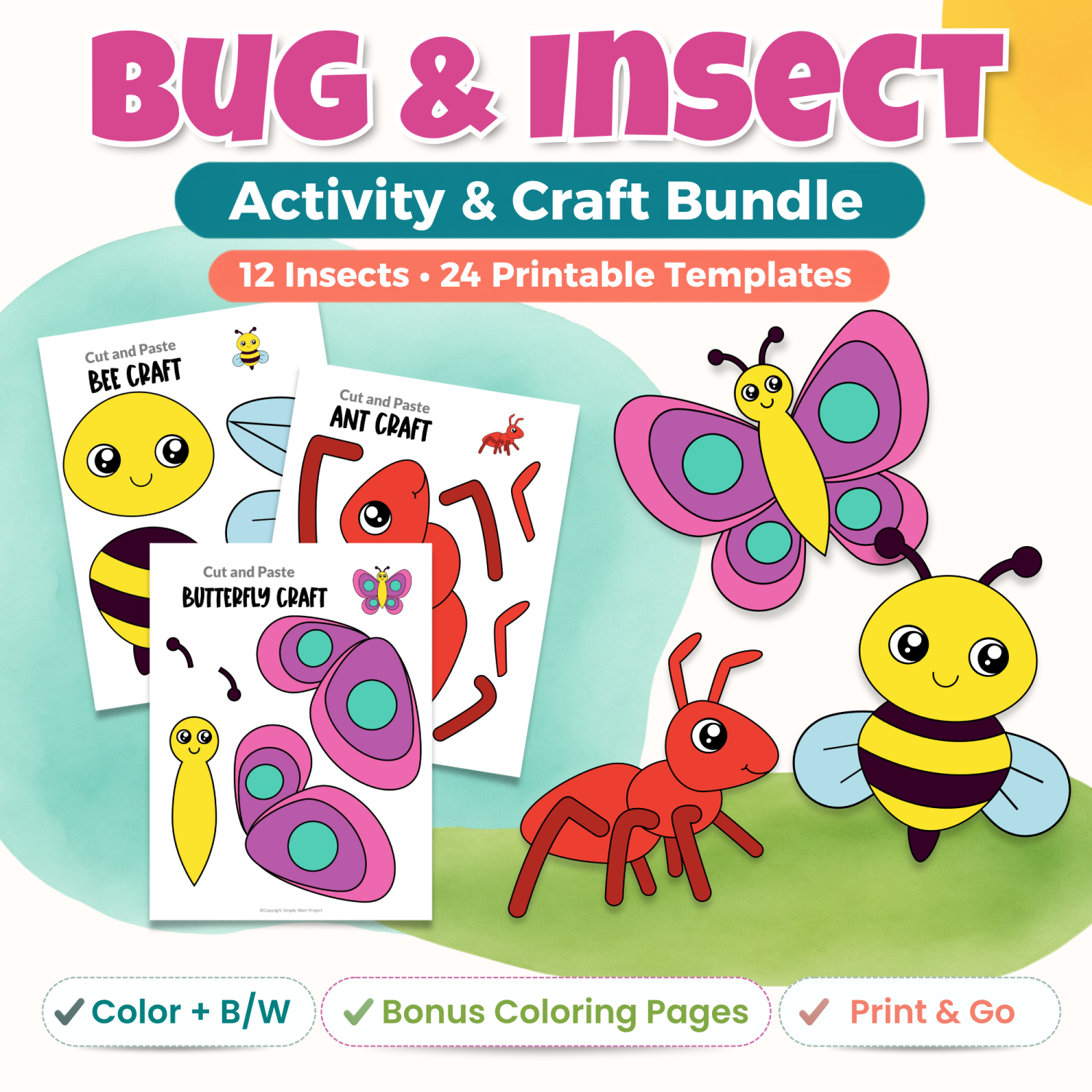 Bug and insect activity bundle with 12 insects, 24 printable templates, coloring pages, and full-color and black-and-white crafts