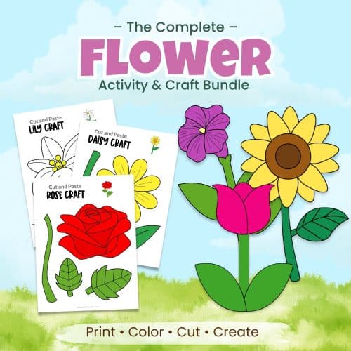 Printable flower cut and paste craft bundle for kids with tulip sunflower daisy and rose templates
