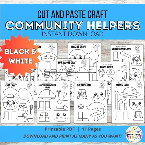 Community Helper Crafts – 10 Black & White Printable Cut & Paste Templates for Kids