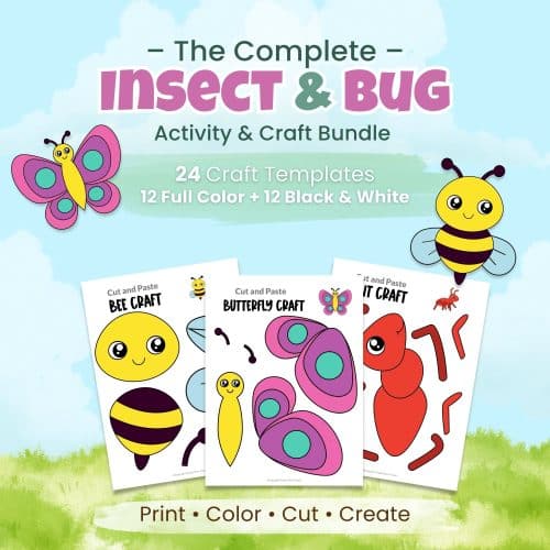 Looking for a fun insect activity for kids? This printable insect cut and paste craft bundle includes 24 bug templates like ants, bees, butterflies, caterpillars, and ladybugs. Perfect for preschool, kindergarten, homeschool, and spring learning activities.
