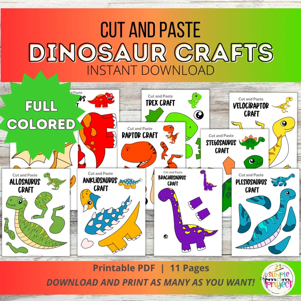 10 Full Colored Dinosaur Cut and Paste Craft Printable Templates