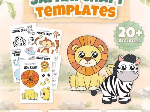Safari craft templates printable bundle with lion zebra elephant monkey and giraffe cut and paste activities for preschool kids