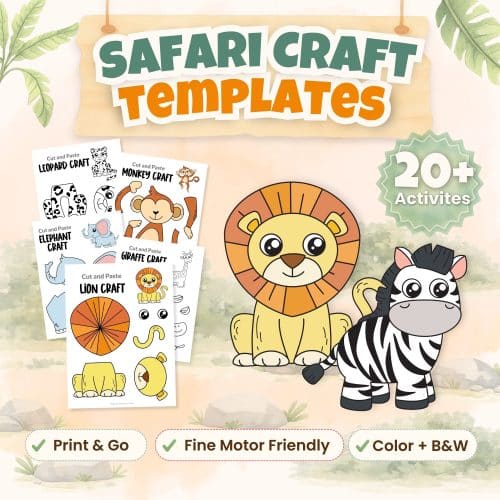 Safari craft templates printable bundle with lion zebra elephant monkey and giraffe cut and paste activities for preschool kids
