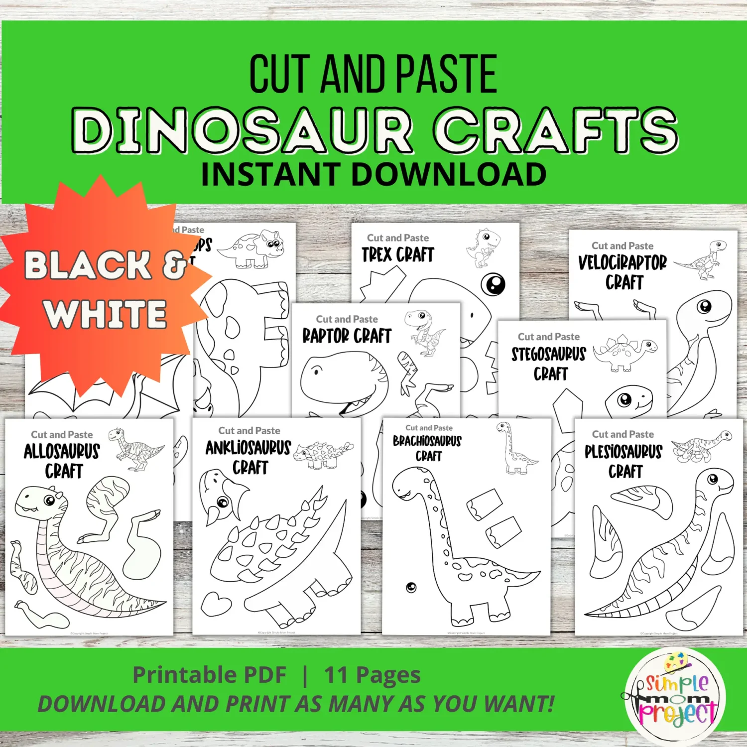 Dinosaur Crafts – 10 Black & White Printable Cut & Paste Templates for Kids