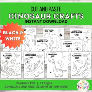 10 Black and White Dinosaur Cut and Paste Craft Templates