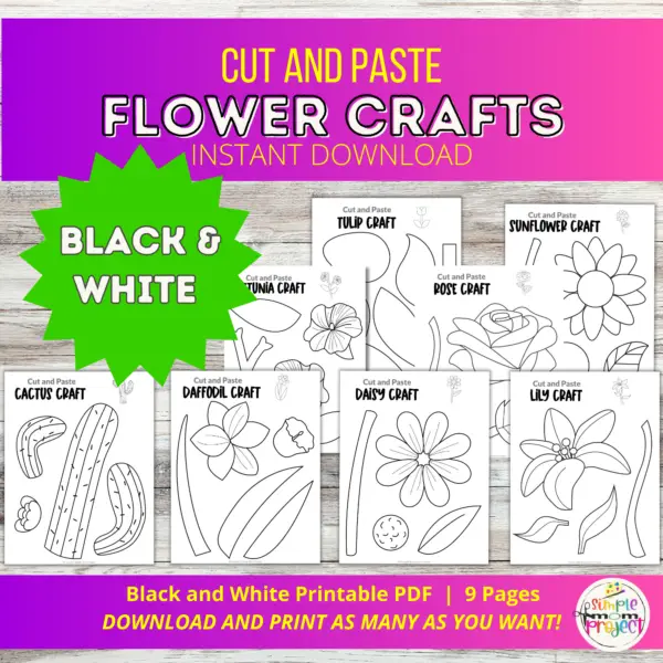 8 Beautiful Flower Cut and Paste Craft Printable Templates | Black and White