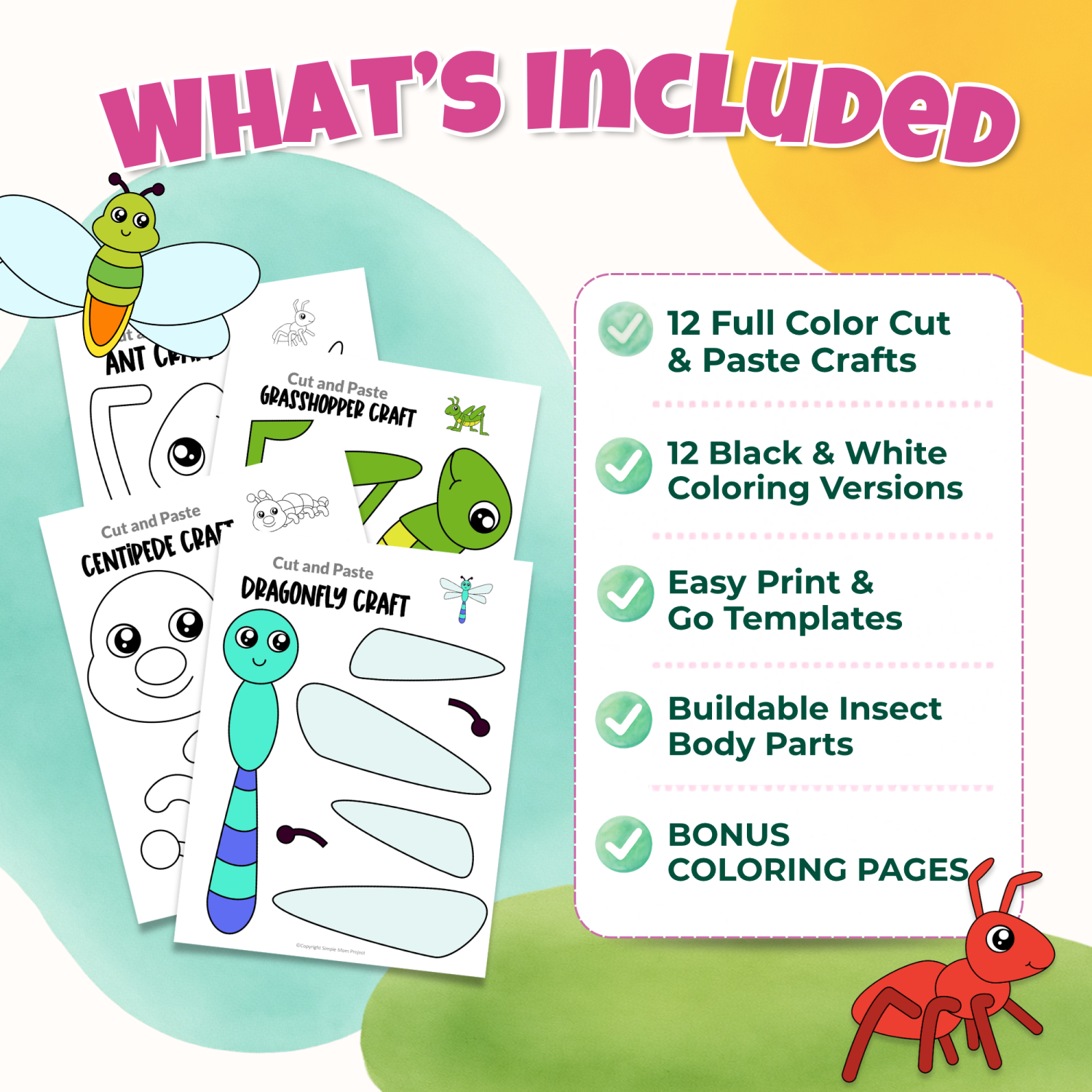 Printable bug and insect craft bundle featuring full-color and black-and-white cut-and-paste templates, coloring pages, and buildable insects