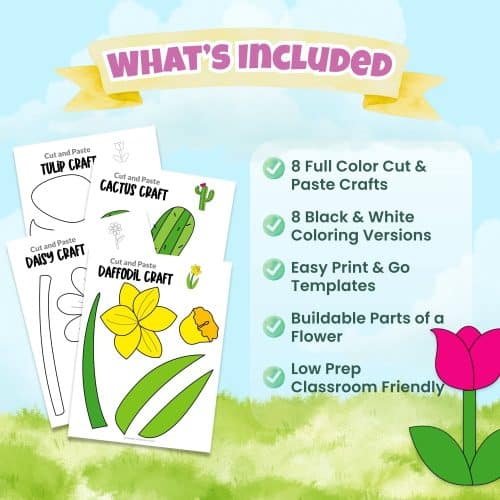 Spring flower craft printable for preschool and kindergarten students to color cut and assemble
