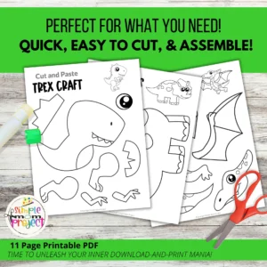 10 Black and White Dinosaur Cut and Paste Craft Templates - Image 2