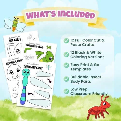 These printable bug crafts for kids make learning about insects fun and hands-on. Includes 12 full-color insect crafts and 12 black-and-white coloring versions that kids can cut and assemble.