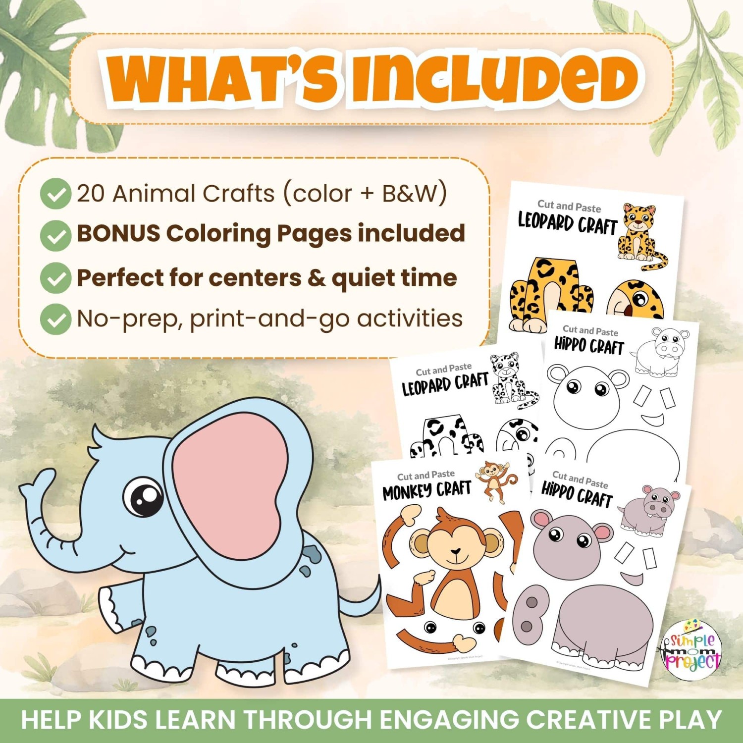 Printable safari animal crafts pack with coloring pages and cut and paste activities for preschool and kindergarten
