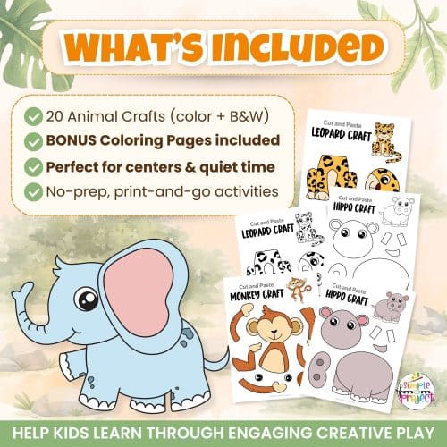 Printable safari animal crafts pack with coloring pages and cut and paste activities for preschool and kindergarten