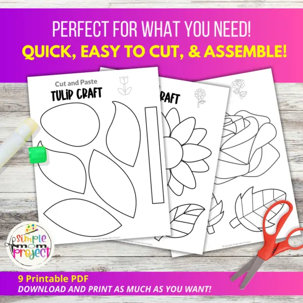 8 Beautiful Flower Cut and Paste Craft Printable Templates | Black and White - Image 6