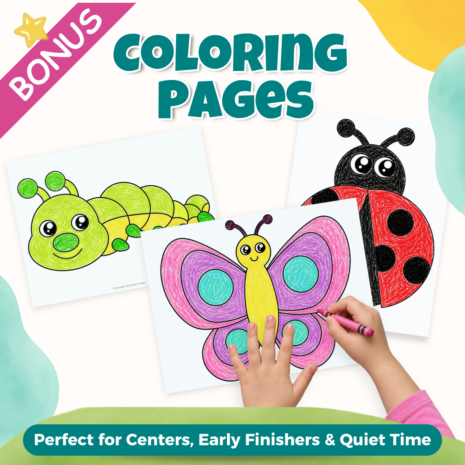 Child coloring a butterfly page with printable caterpillar, butterfly, and ladybug coloring pages