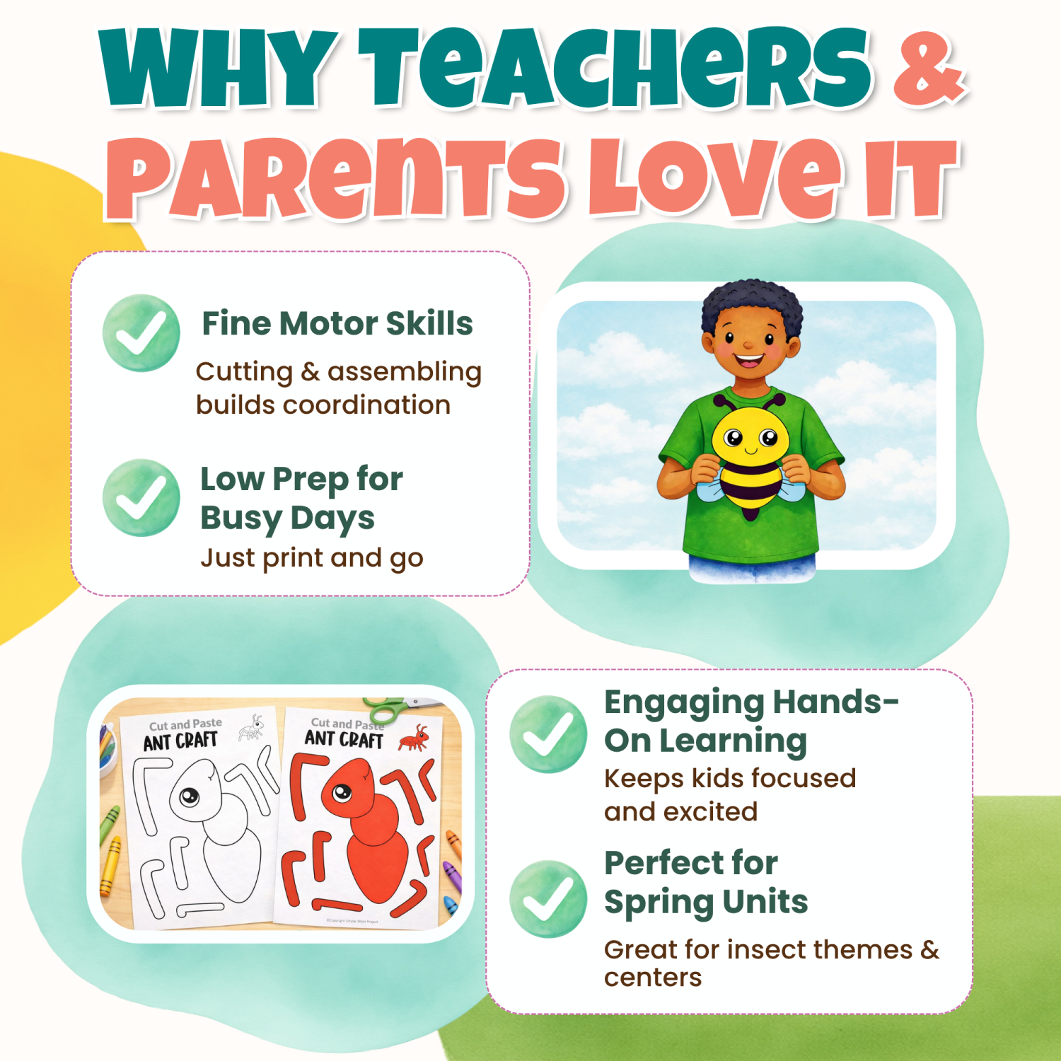 Benefits of printable bug and insect crafts, including fine motor practice, hands-on learning, and easy spring activities