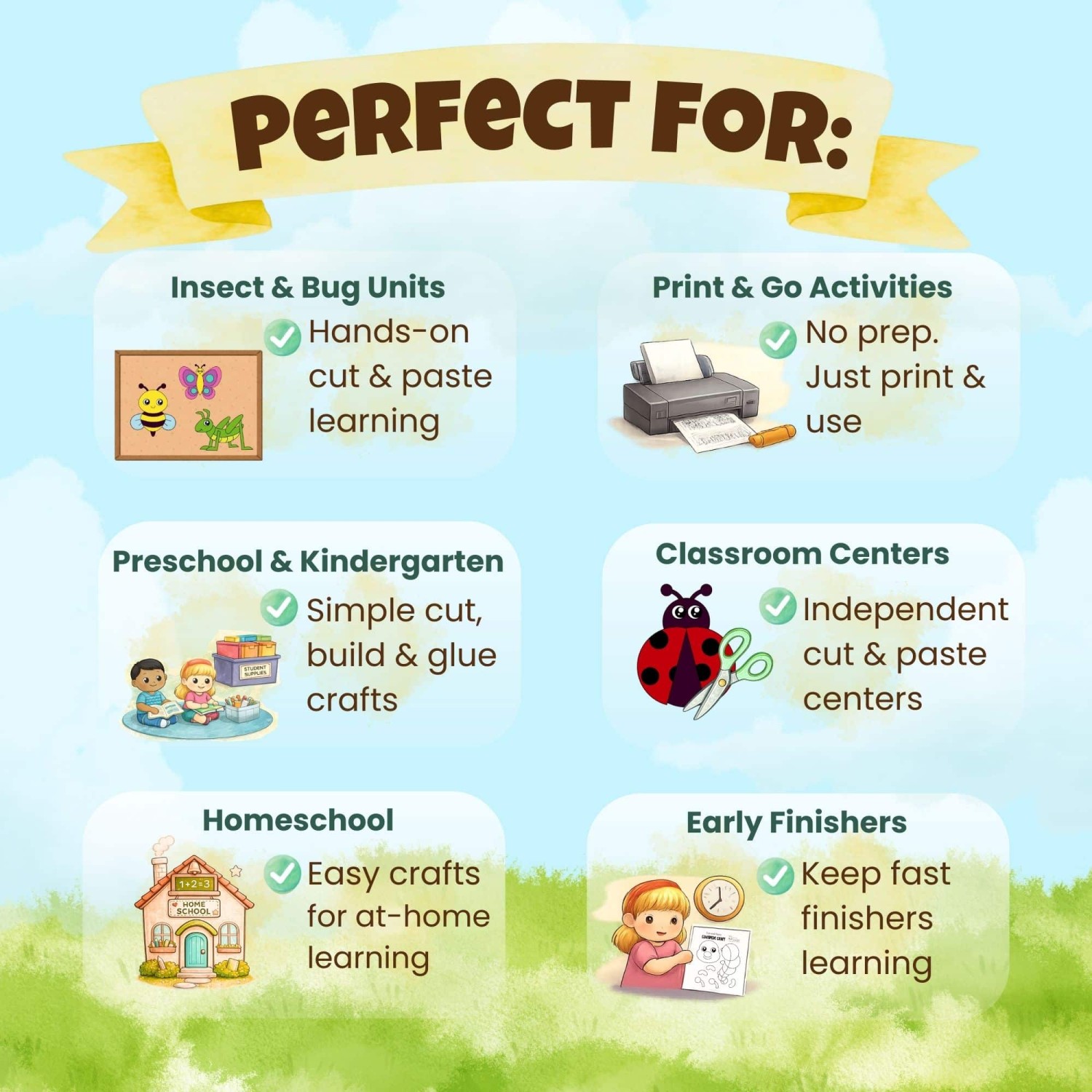 Perfect for insect units, spring activities, and classroom centers, these printable insect crafts help kids practice cutting, coloring, and creativity while learning about bugs.