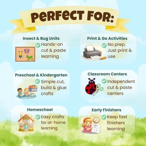 Perfect for insect units, spring activities, and classroom centers, these printable insect crafts help kids practice cutting, coloring, and creativity while learning about bugs.