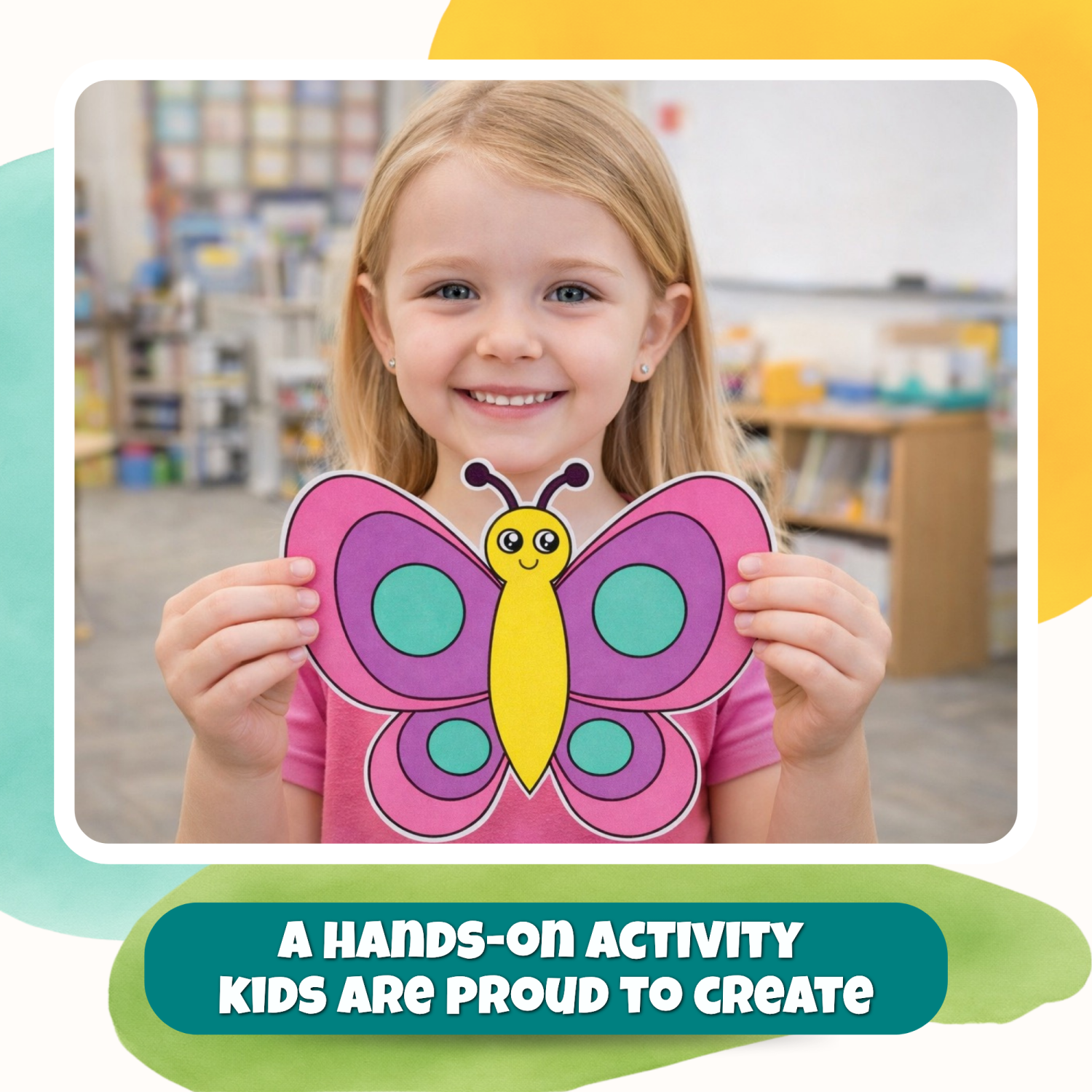 Child holding a completed colorful butterfly craft made from the printable bug and insect activity bundle