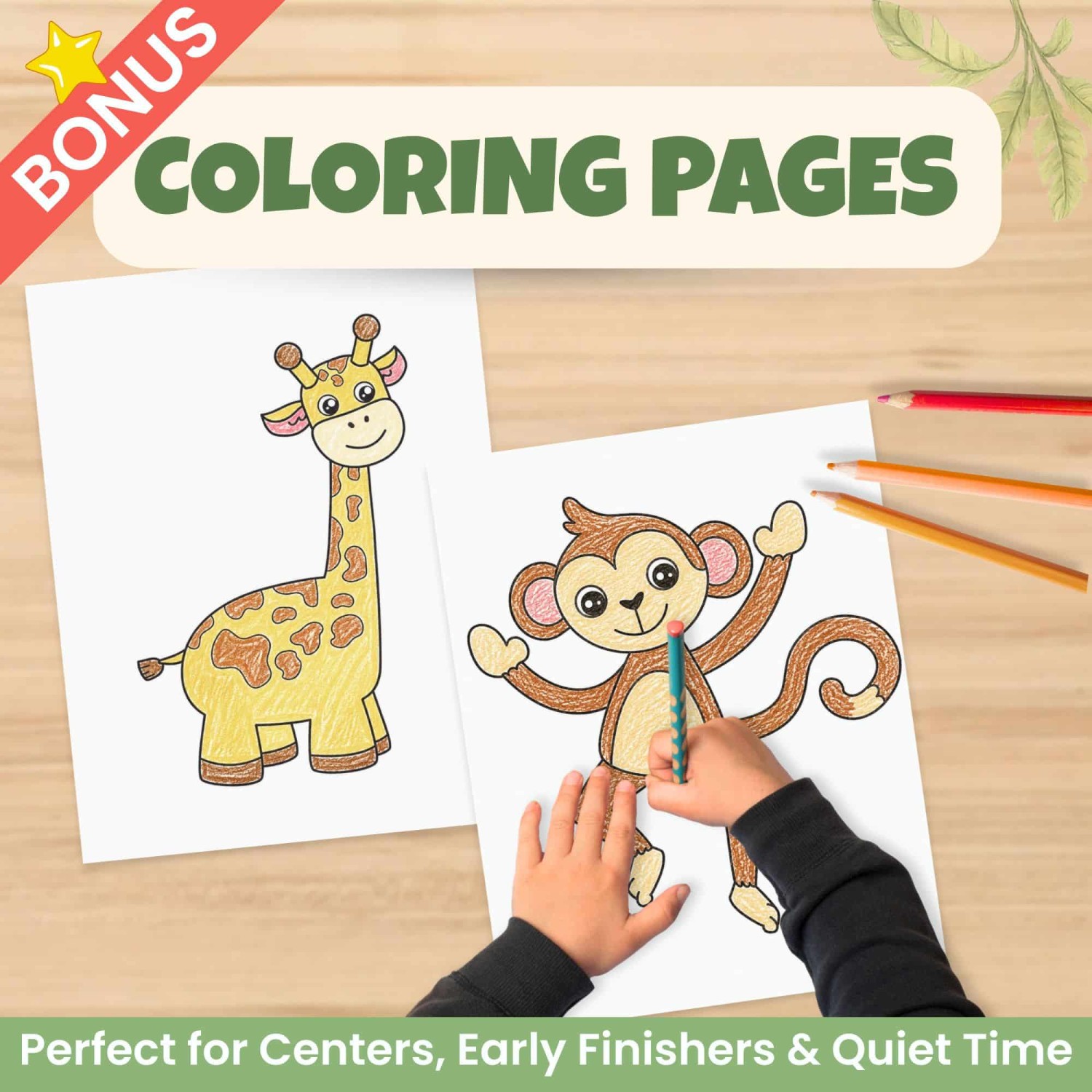 Safari coloring pages and printable animal craft templates for preschool and kindergarten kids