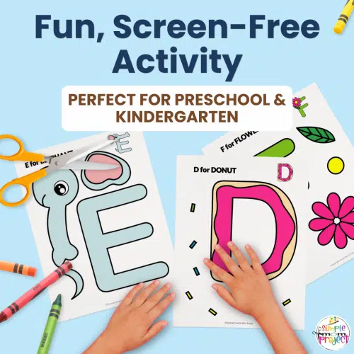 Overview of uppercase alphabet printable crafts showing multiple letter cut and paste worksheets for kids.