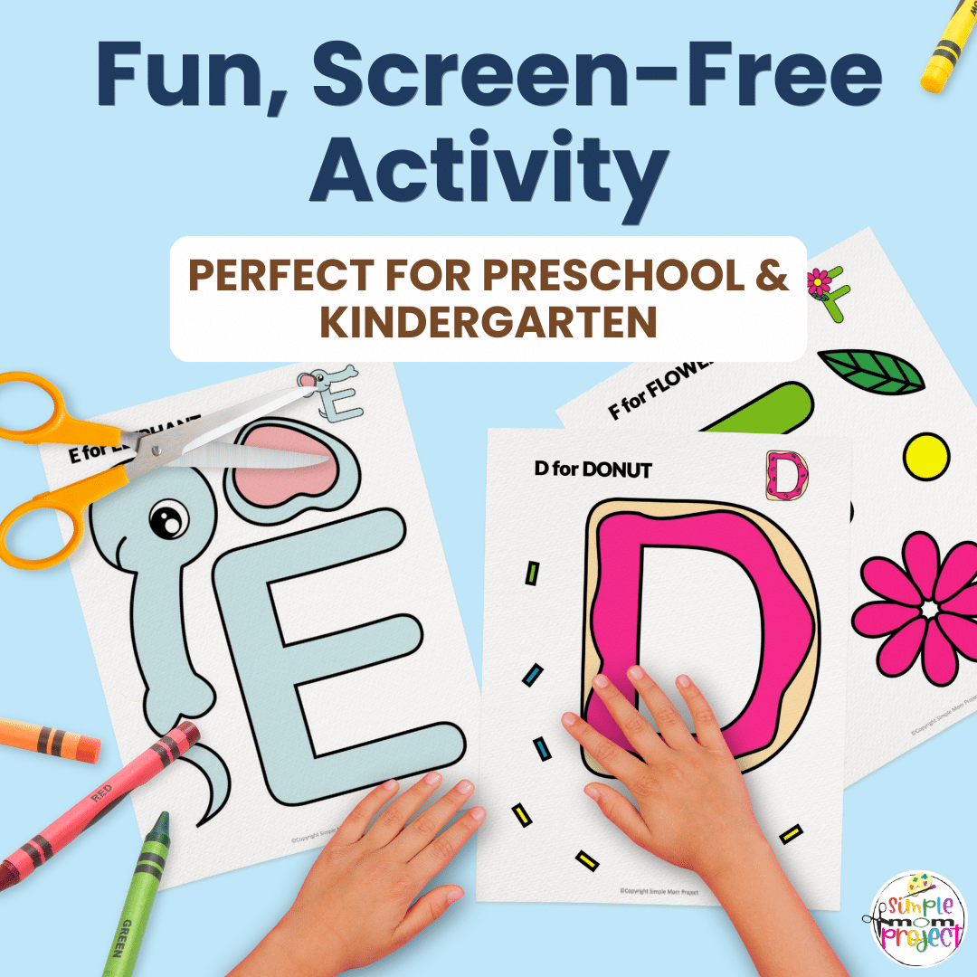 Overview of uppercase alphabet printable crafts showing multiple letter cut and paste worksheets for kids.