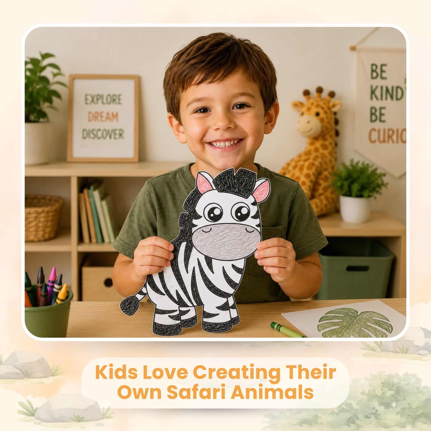 Child holding printable zebra craft in classroom with safari themed preschool activity for kids