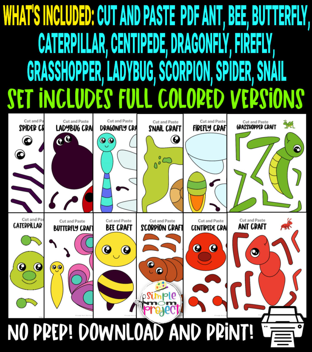 Looking for the easy full colored bug and insect crafts for your preschoolers or toddlers? These cute pre colored insect crafts have fun cut and paste templates to keep toddlers, preschoolers or even big kids amused for hours! Including our popular ant craft, butterfly craft, caterpillar craft and bumblebee craft and many more these are sure to be a big hit with your kids for fun insect activities or even homeschooling lessons. Click now to grab these awesome bug craft templates today.