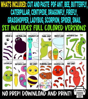 Looking for the easy full colored bug and insect crafts for your preschoolers or toddlers? These cute pre colored insect crafts have fun cut and paste templates to keep toddlers, preschoolers or even big kids amused for hours! Including our popular ant craft, butterfly craft, caterpillar craft and bumblebee craft and many more these are sure to be a big hit with your kids for fun insect activities or even homeschooling lessons. Click now to grab these awesome bug craft templates today.