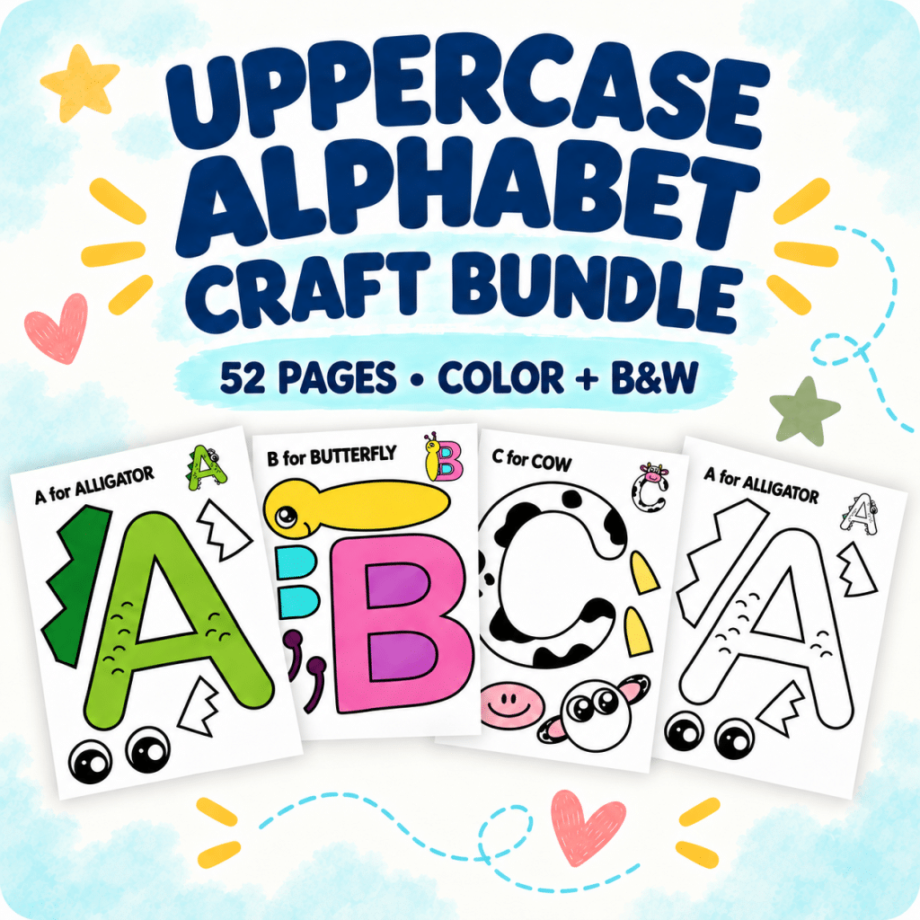 Printable uppercase alphabet craft bundle featuring A-to-Z cut-and-paste animal crafts