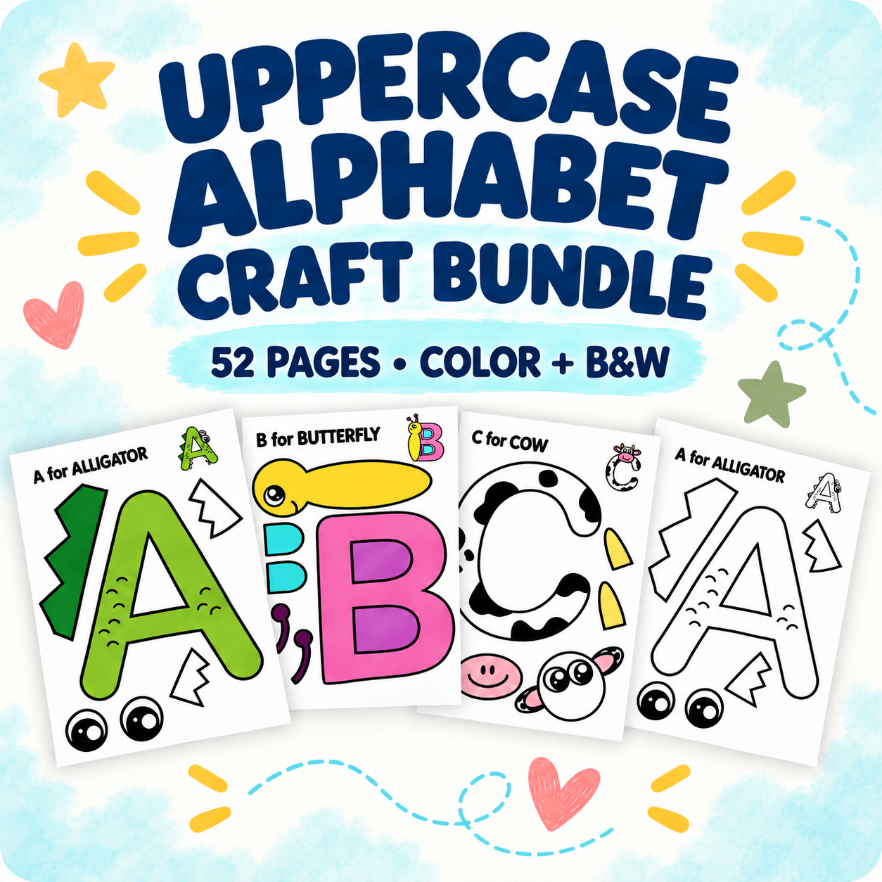 Printable uppercase alphabet craft bundle featuring A-to-Z cut-and-paste animal crafts