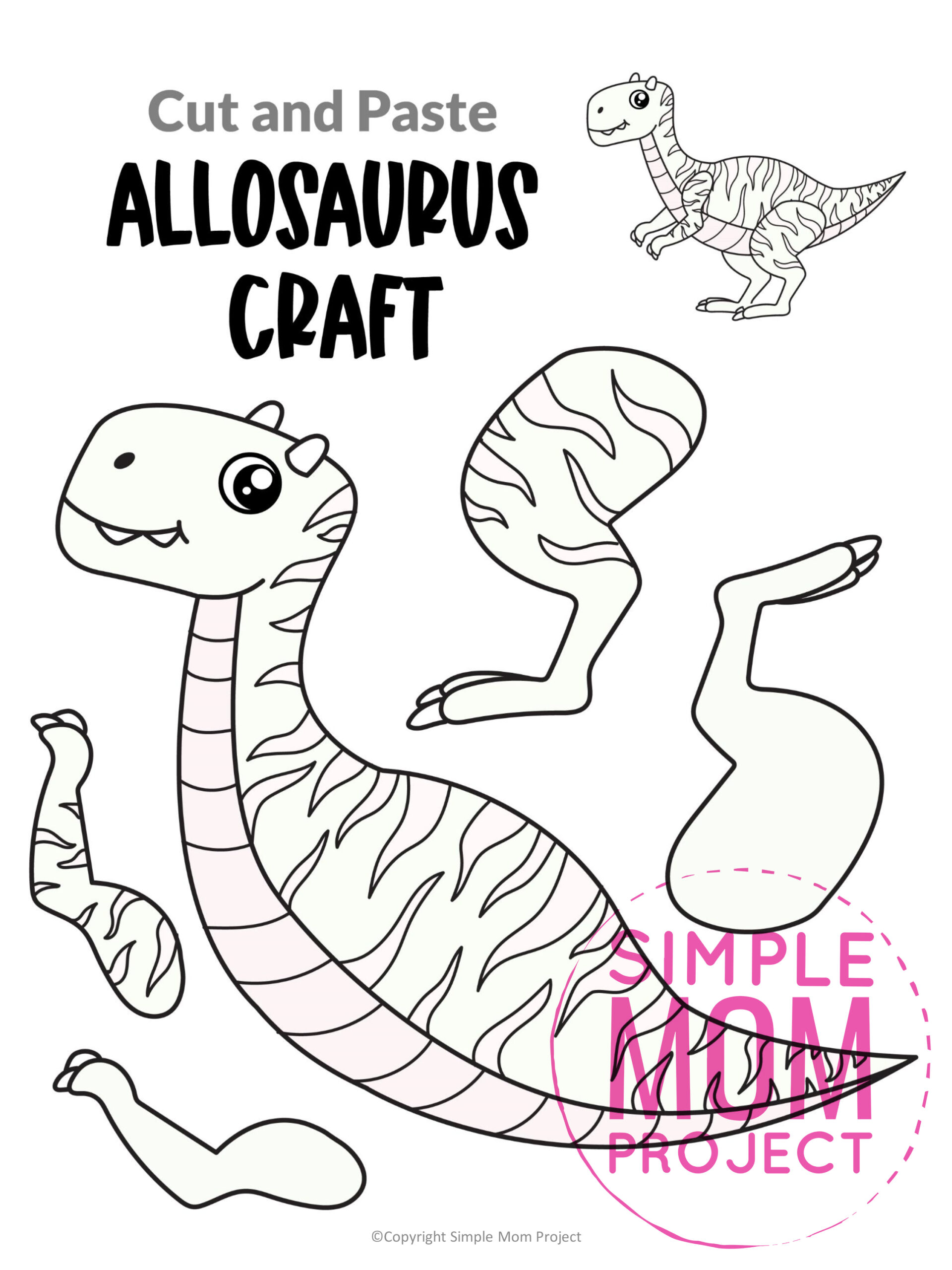 allosaurus cut and paste craft for kids, preschoolers, toddlers