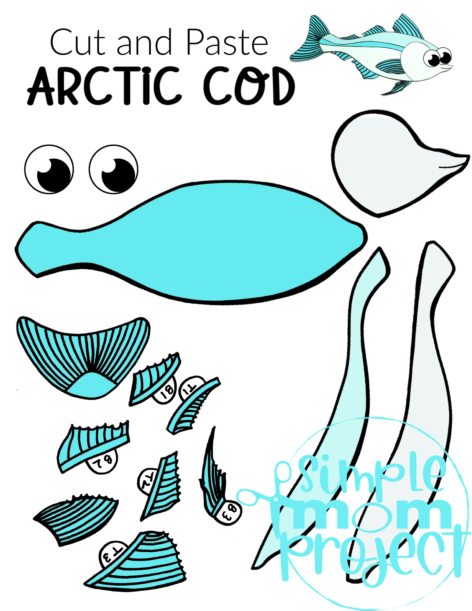 Printable Arctic Cod Arctic Animal Cut and Paste Crafts for Kids, kindergartners, preschoolers and toddlers 1